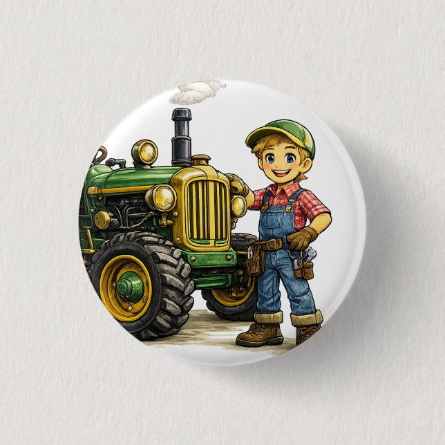 Niedlicher Bauernjunge mit Vintage-Grüntraktor-Kun Button (Vorderseite)