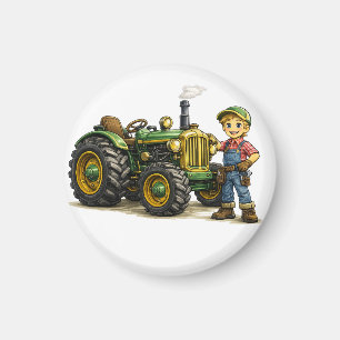Niedlicher Bauernjunge mit Vintage-Grüntraktor-Kun Magnet