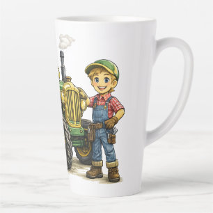 Niedlicher Bauernjunge mit Vintage-Grüntraktor-Kun Milchtasse