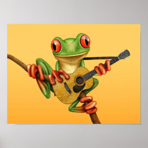 Niedlicher Baum Frog, der eine akustisch gelbe Git Poster