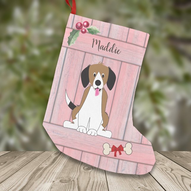 Niedlicher Beagle Dog Girl Pink Holzmonogramm Kleiner Weihnachtsstrumpf (Von Creator hochgeladen)