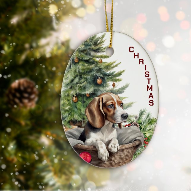 Niedlicher Beagle Dog Wicker Weihnachtskorb Keramik Ornament (Von Creator hochgeladen)