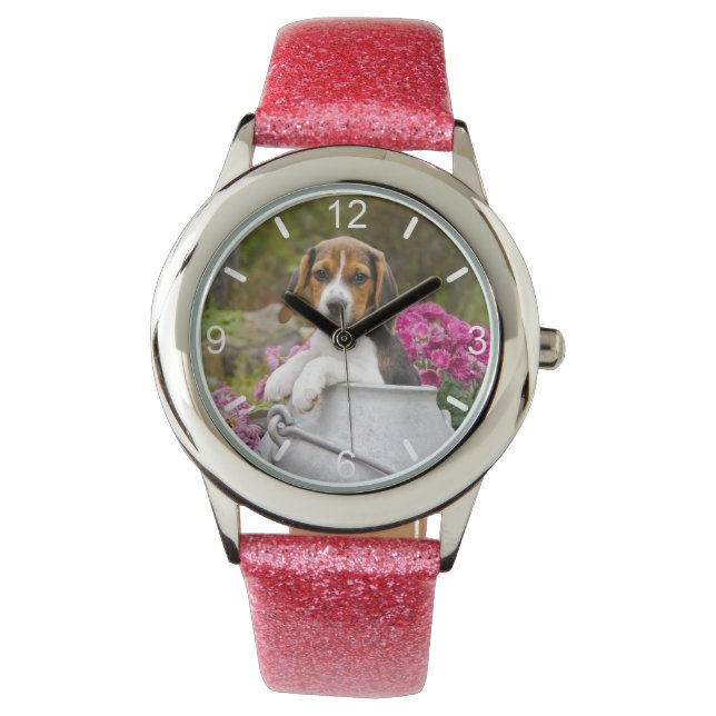 Niedlicher Beagle Hund Welpe Churn Strapwatch Wähl Armbanduhr (Vorderseite)