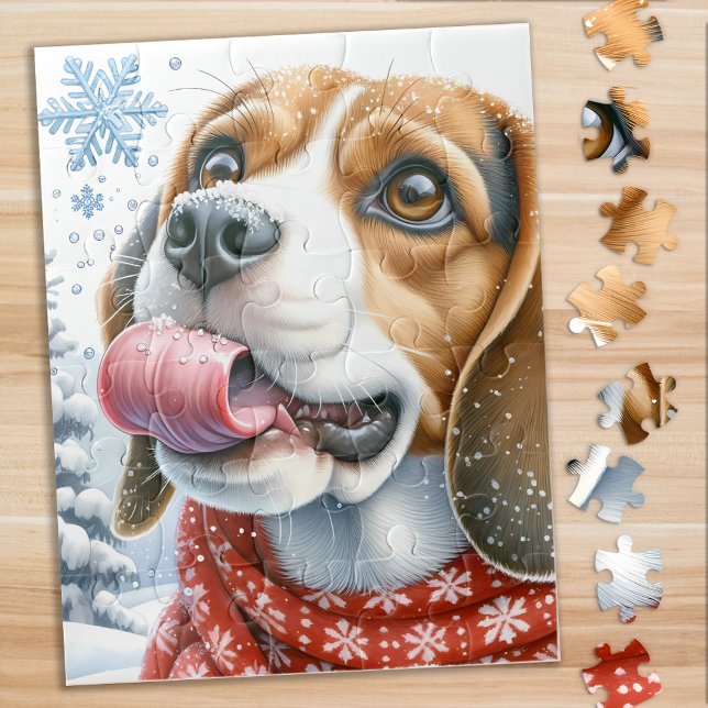 Niedlicher Beagle Hund Winterurlaub Schneeflocken  Puzzle (Von Creator hochgeladen)