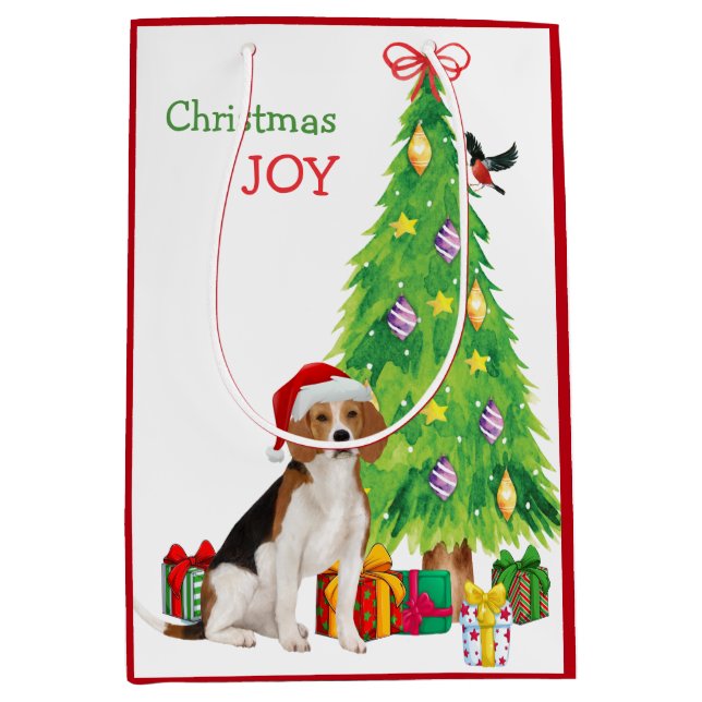 Niedlicher Beagle Hunde Weihnachtsmannmütze und We Mittlere Geschenktüte (Vorderseite)