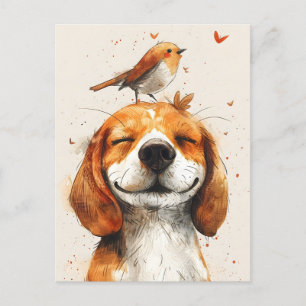 Niedlicher Beagle mit einem Vogel auf dem Kopf bem Postkarte