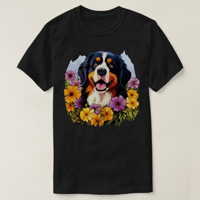 Niedlicher Berner Hund im Frühjahrsblütengarten T-Shirt (Design vorne)