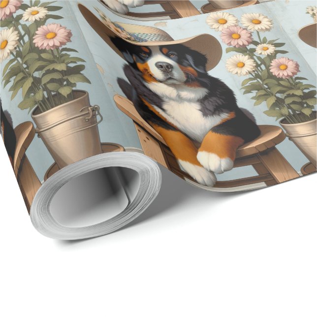 Niedlicher Berner Hund mit Hut und Blume Geschenkpapier (Rolleneckpunkt)