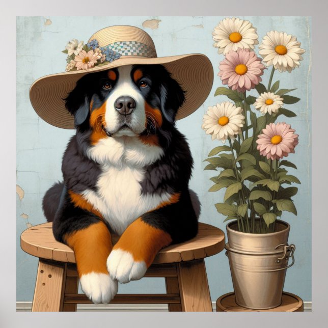 Niedlicher Berner Hund mit Hut und Blume Poster (Vorne)