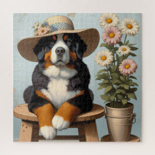 Niedlicher Berner Hund mit Hut und Blume Puzzle