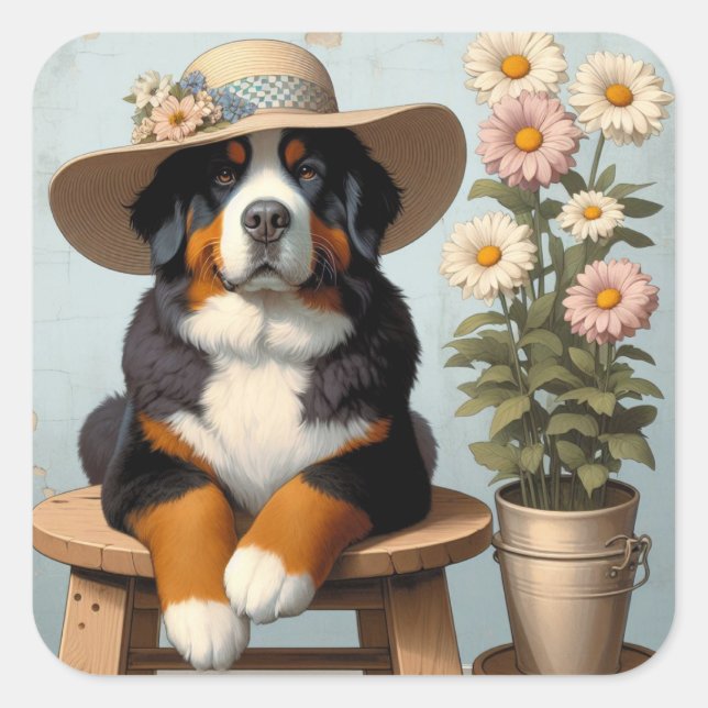 Niedlicher Berner Hund mit Hut und Blume Quadratischer Aufkleber (Vorderseite)
