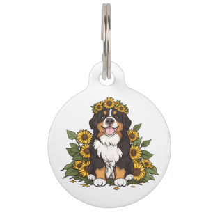 Niedlicher Berner Hund mit Sonnenblumenkrone Haustiermarke