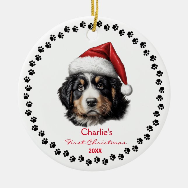 Niedlicher Berner Hund Weihnachtsmannmütze Paw Cus Keramik Ornament (Vorne)