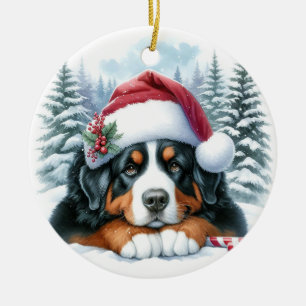Niedlicher Berner Hund Weihnachtsmannmütze Wasserf Keramik Ornament