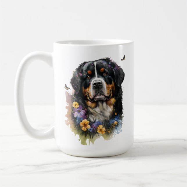 Niedlicher Bernsteingebirgshund mit Blume Kaffeetasse (Links)