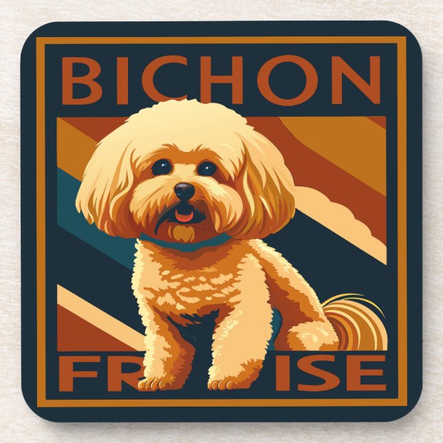 Niedlicher Bichon Frise Puppy Doster Retro Poster  Getränkeuntersetzer (Vorderseite)