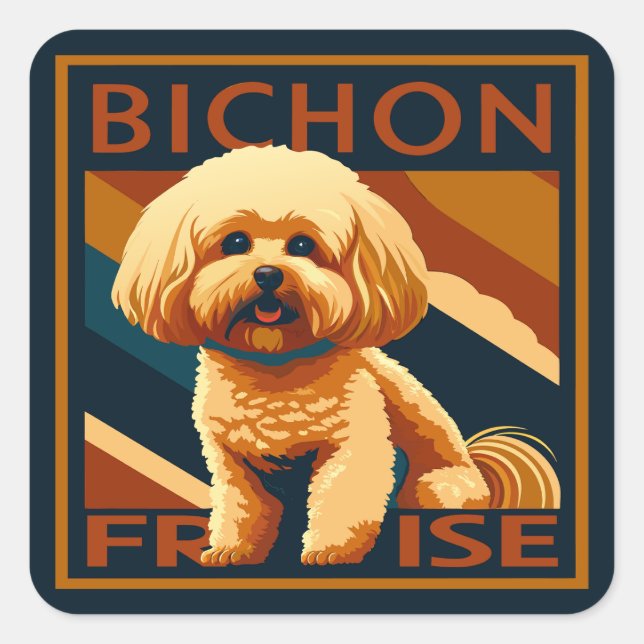 Niedlicher Bichon Frise Puppy Doster Retro Poster  Quadratischer Aufkleber (Vorderseite)