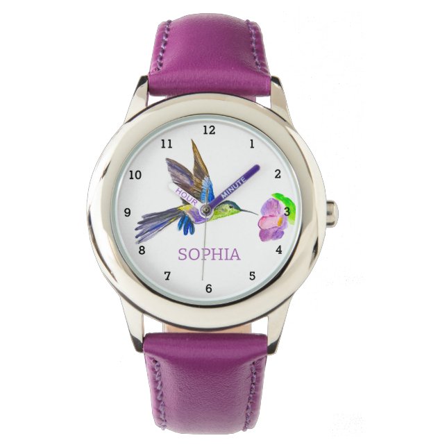 Niedlicher Bird Hummingbird Floral Girls Kinder Armbanduhr (Vorderseite)
