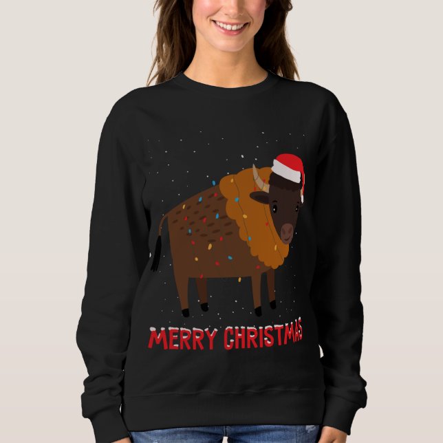 Niedlicher Bison Weihnachtsbaum Lichter Weihnachte Sweatshirt (Vorderseite)