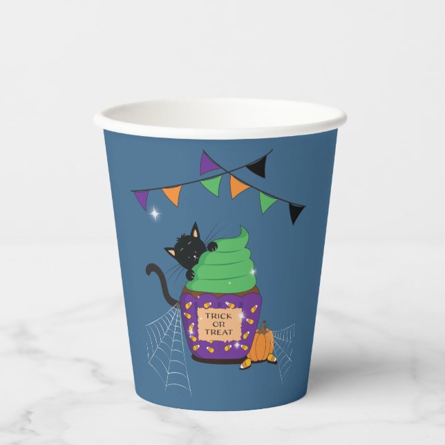 Niedlicher Black Cat Halloween Blue Paper Cup Pappbecher (Vorderseite)