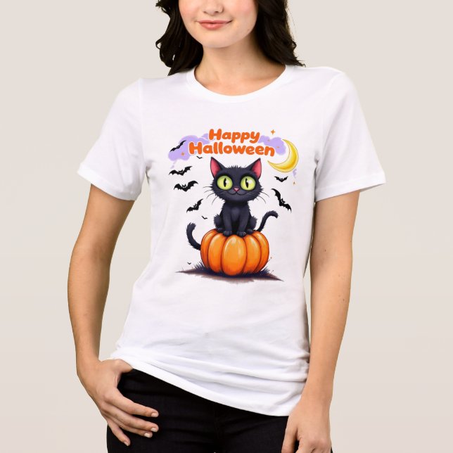 Niedlicher Black Cat Happy Halloween T - Shirt (Vorderseite)