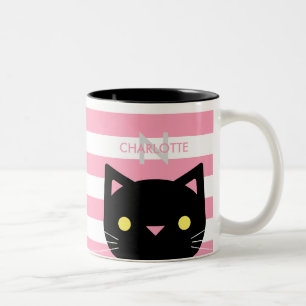 Niedlicher Black Cat Individuelle Name & Initial Zweifarbige Tasse