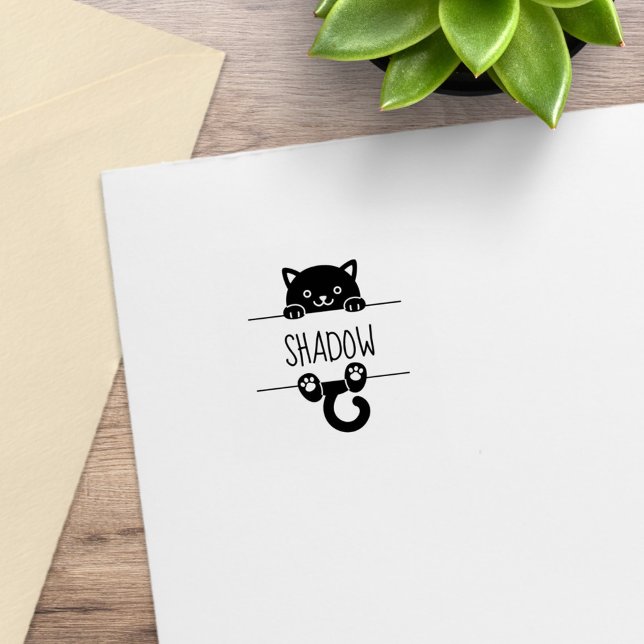Niedlicher Black Cat Peeking Individuelle Name 1x1 Gummistempel (Von Creator hochgeladen)