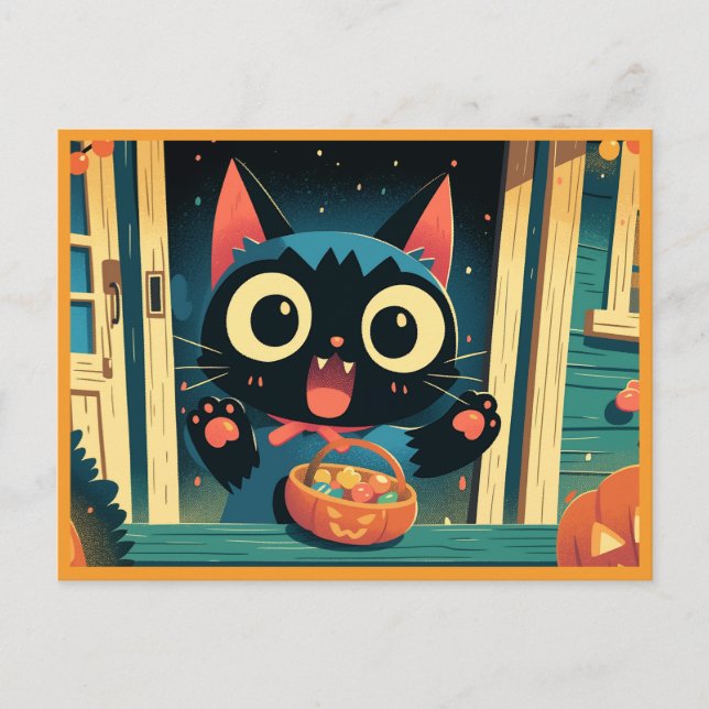 Niedlicher Black Cat Trick oder Treat Halloween Postkarte (Vorderseite)