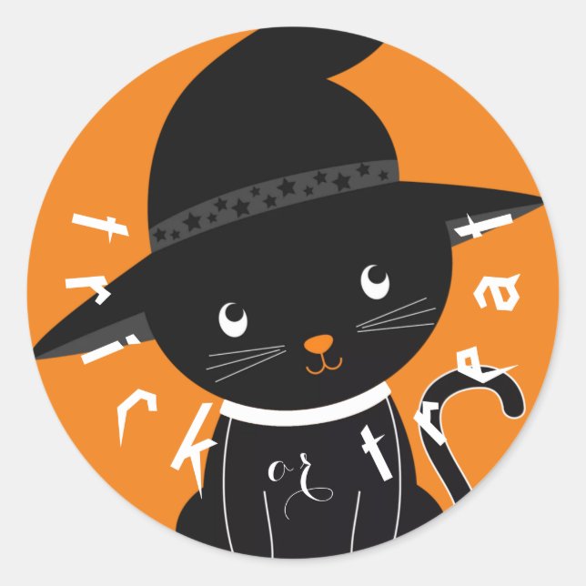 Niedlicher Black Cat Trick oder Treat Halloween Runder Aufkleber (Vorderseite)