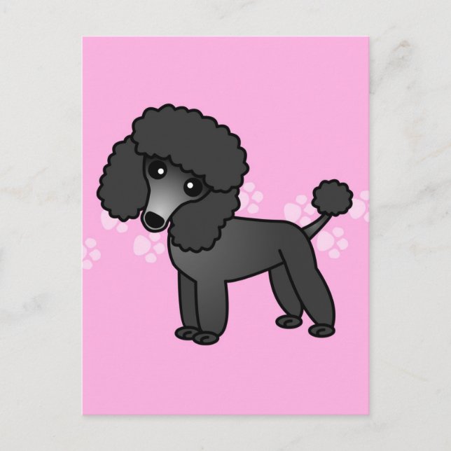 Niedlicher Black Poodle Cartoon - rosa Pawprint Postkarte (Vorderseite)
