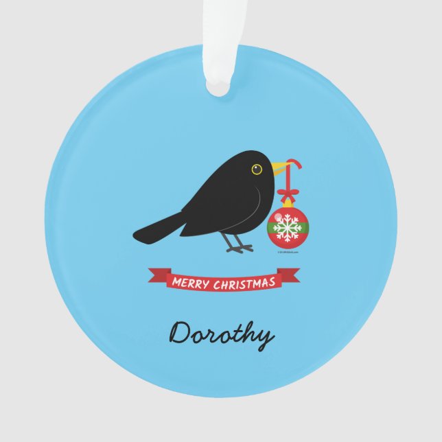 Niedlicher Blackbird mit einem Weihnachtsball-Indi Ornament (Vorderseite)