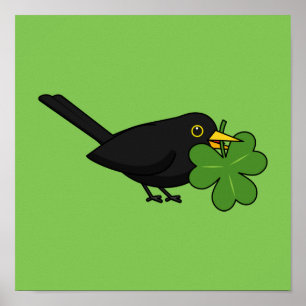 Niedlicher Blackbird mit Kleeblatt Clou Cartoon Poster