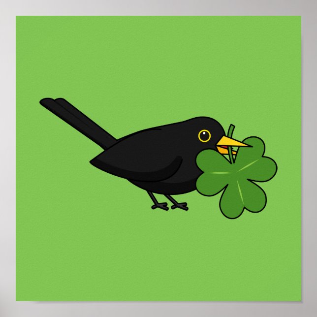 Niedlicher Blackbird mit Kleeblatt Clou Cartoon Poster (Vorne)