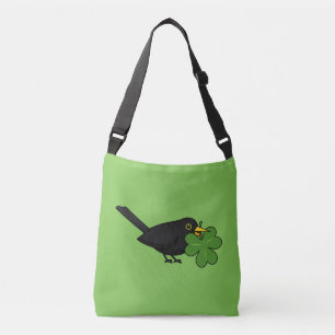 Niedlicher Blackbird mit Kleeblatt Clou Cartoon Tragetaschen Mit Langen Trägern