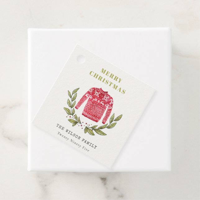 Niedlicher Blattrot Grün Ugly Sweater Weihnachten  Geschenkanhänger (Beispiel)