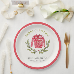 Niedlicher Blattrot Grün Ugly Sweater Weihnachten Pappteller