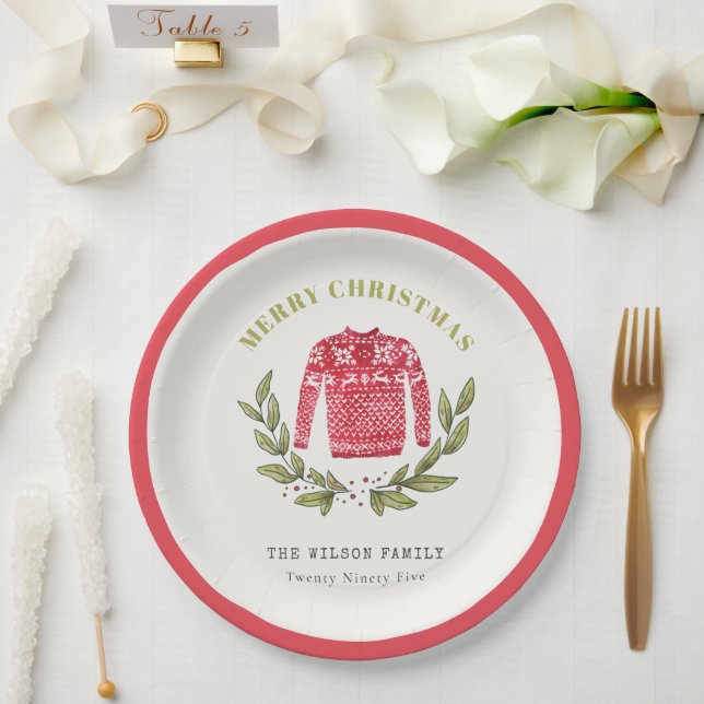 Niedlicher Blattrot Grün Ugly Sweater Weihnachten  Pappteller (Hochzeit)