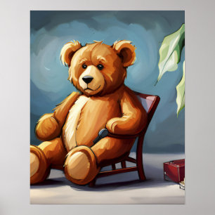 Niedlicher Blaubrauner Teddybär sitzend auf Stuhl Poster