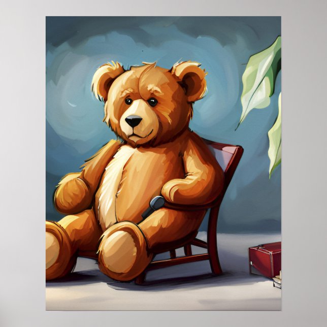 Niedlicher Blaubrauner Teddybär sitzend auf Stuhl Poster (Vorne)