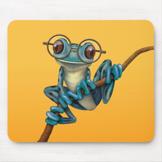 Niedlicher blauer Baum-Frosch mit Augen-Gläsern Mousepad (Vorne)