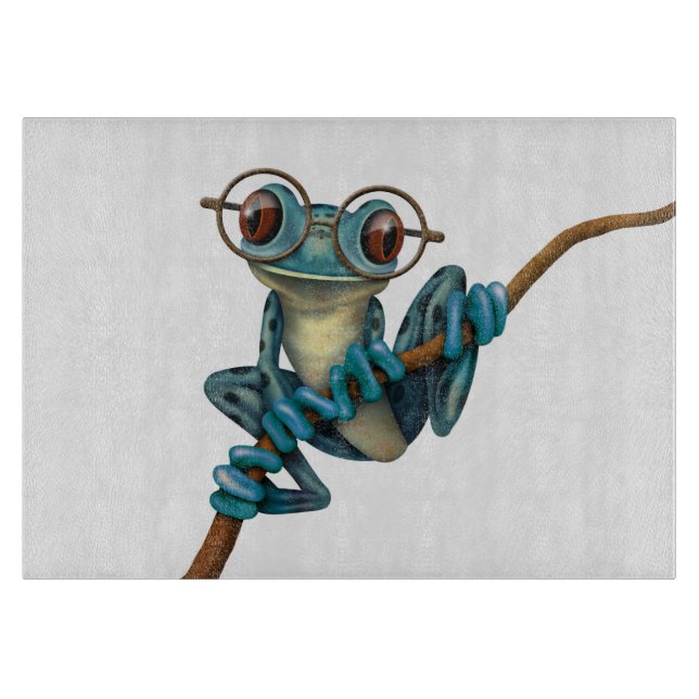 Niedlicher blauer Baum-Frosch mit Augen-Gläsern Schneidebrett (Vorderseite)