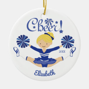 Niedlicher blauer Beifall-blonde Cheerleader Keramikornament