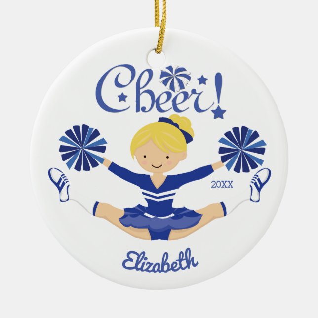 Niedlicher blauer Beifall-blonde Cheerleader Keramikornament (Vorne)