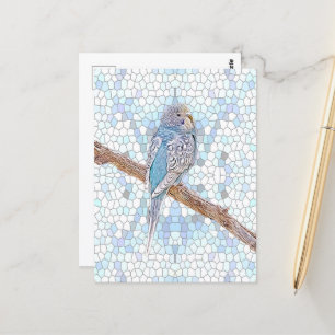 Niedlicher blauer Budgie auf Mosaikhintergrund, ku Postkarte
