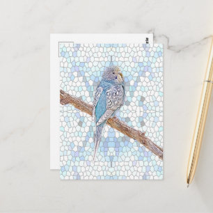 Niedlicher blauer Budgie auf Mosaikhintergrund, ku Postkarte