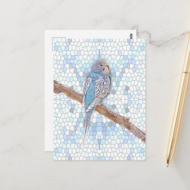 Niedlicher blauer Budgie auf Mosaikhintergrund, ku Postkarte (Vorderseite/Rückseite Beispiel)