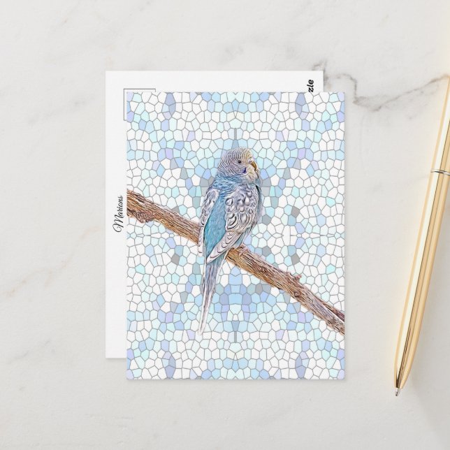 Niedlicher blauer Budgie auf Mosaikhintergrund Postkarte (Vorderseite/Rückseite Beispiel)