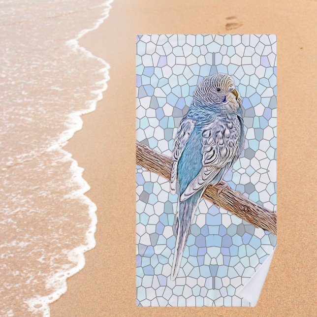 Niedlicher blauer Budgie auf Mosaikhintergrund Strandtuch (Von Creator hochgeladen)