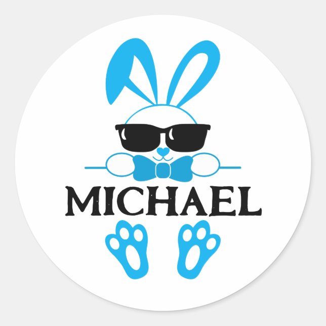 Niedlicher Blauer Bunny mit Sonnenbrille Babyname Runder Aufkleber (Vorderseite)