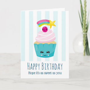 Niedlicher Blauer Cupcake mit Kawaii Face Geburtst Karte